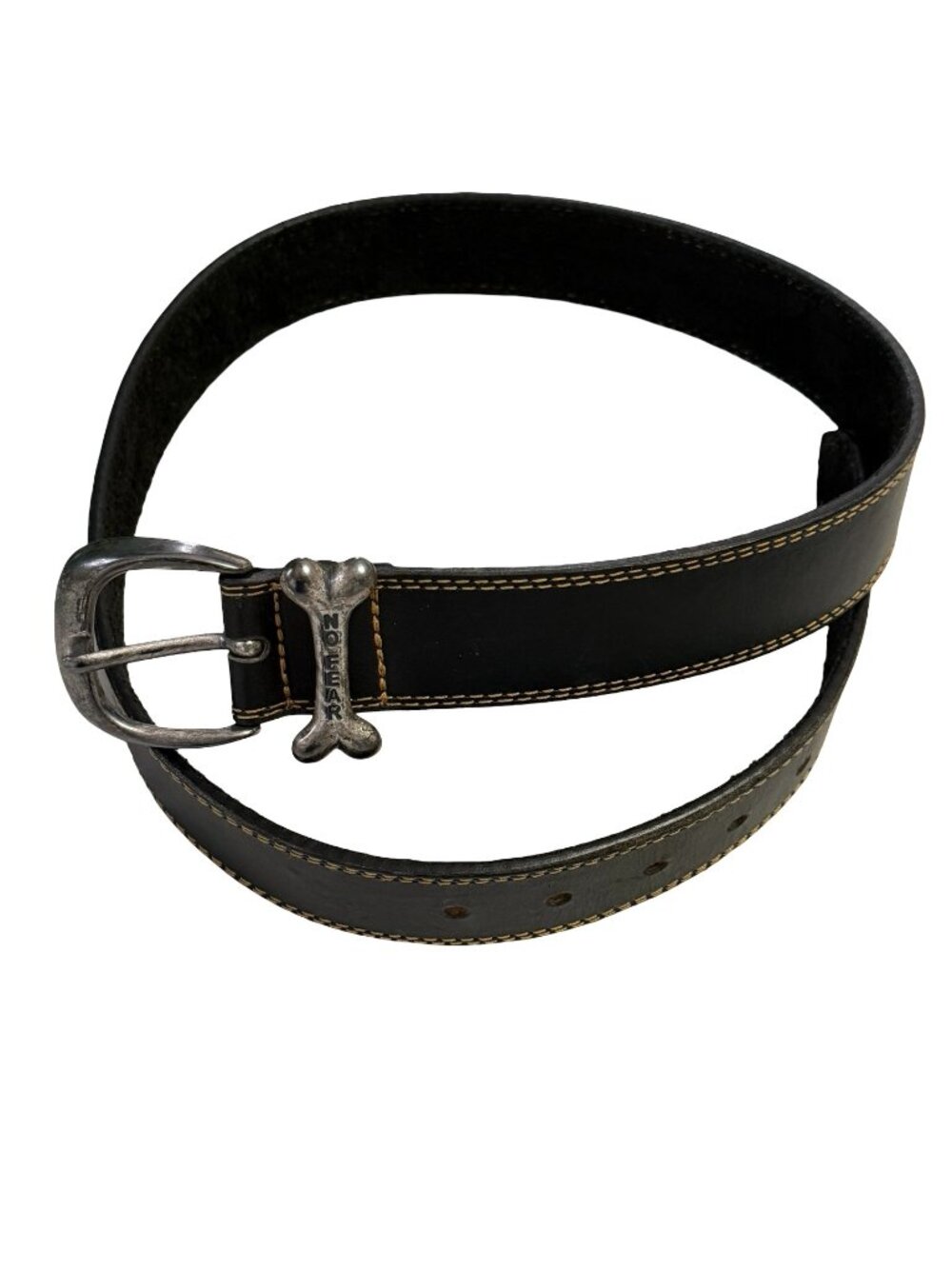 Vintage 1990s No Fear Black Leather Belt Size 32 Bone Logo Suede Lined Y2K
